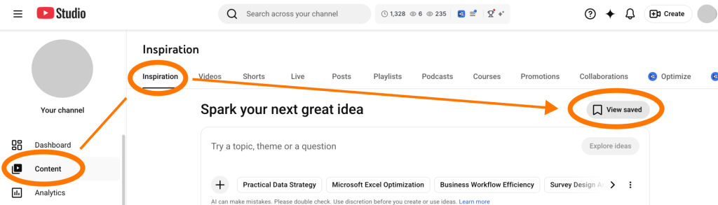 screenshot of YouTube studio showing navigation from Content to Inspiration to View saved
