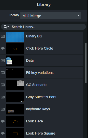 Camtasia screenshot showing library assets, including asset for "click here"