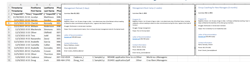 three mail merge documents superimposed on top of the spreadsheet from which they got their data