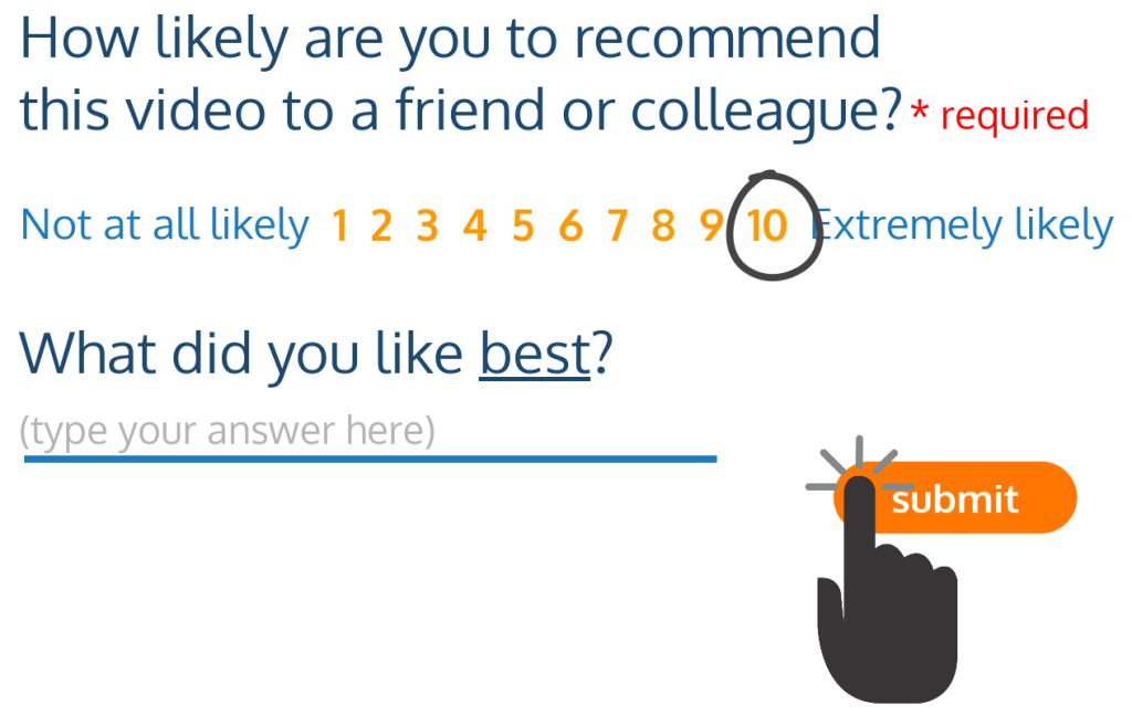 sample questionnaire containing a required NPS scale and an optional open-ended question for what did you like best